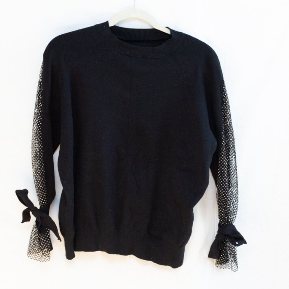 Sion Sweater Sparkly Rhinestone Studded Mesh Fishnet Bow Sleeves Whimsigoth sz L